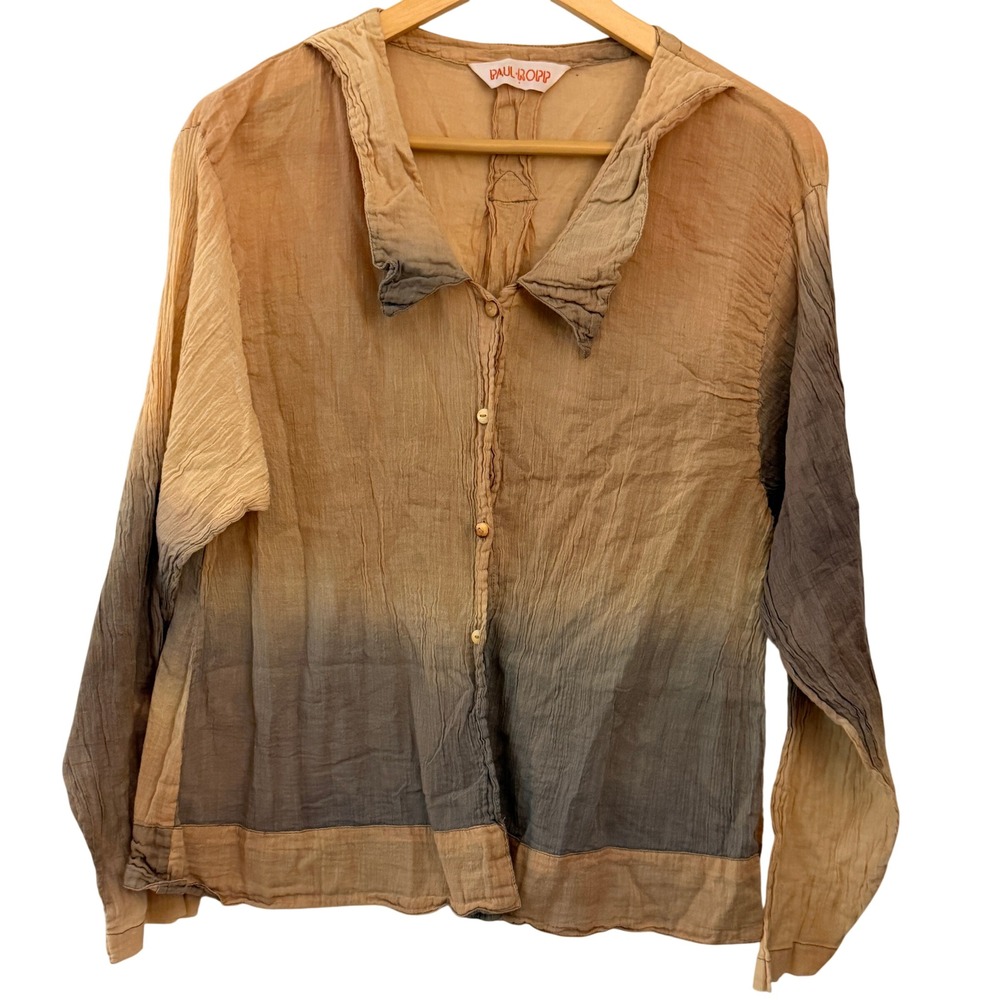 Paul Ropp Button Up Shirt Womens‎ M Tan Grey Ombre Excellent Gauze Boho Top